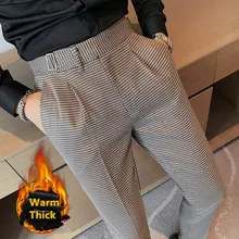 Cintura alta estilo britânico vestido calças terno fino ajuste grosso houndstooth xadrez calças para homens vestido formal calças 2021 inverno novo