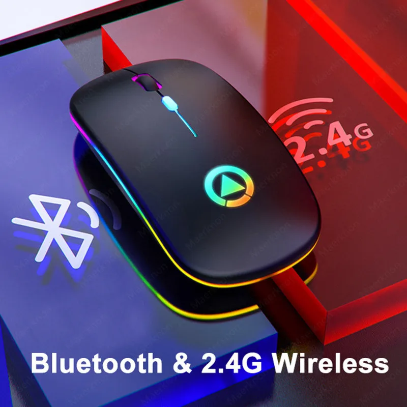 Ratón inalámbrico recargable por Bluetooth, Mouse silencioso de 2,4G para juegos, retroiluminación ergonómica LED, para ordenador portátil y PC