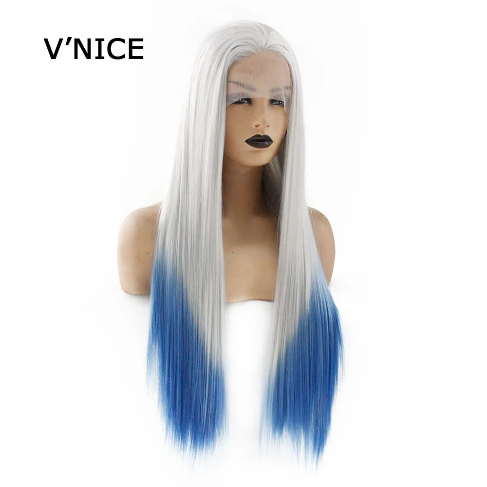 

V‘NICE White Blue Straight Lace Front Wigs for Women Gift Natural Glueless Ombre Synthetic Wig Heat Resistant Frontal Hair