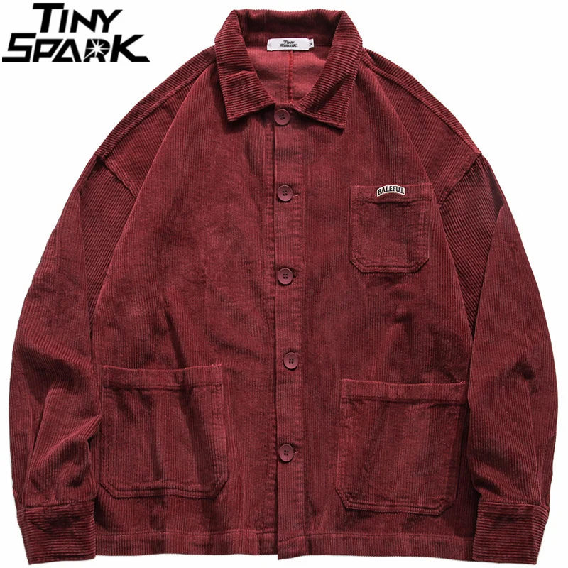 Mens Hip Hop Streetwear Jacket Vintage Retro Corduroy Jacket Coat Autumn Button Loose Bomber Jacket Pockets Cotton Red Blue