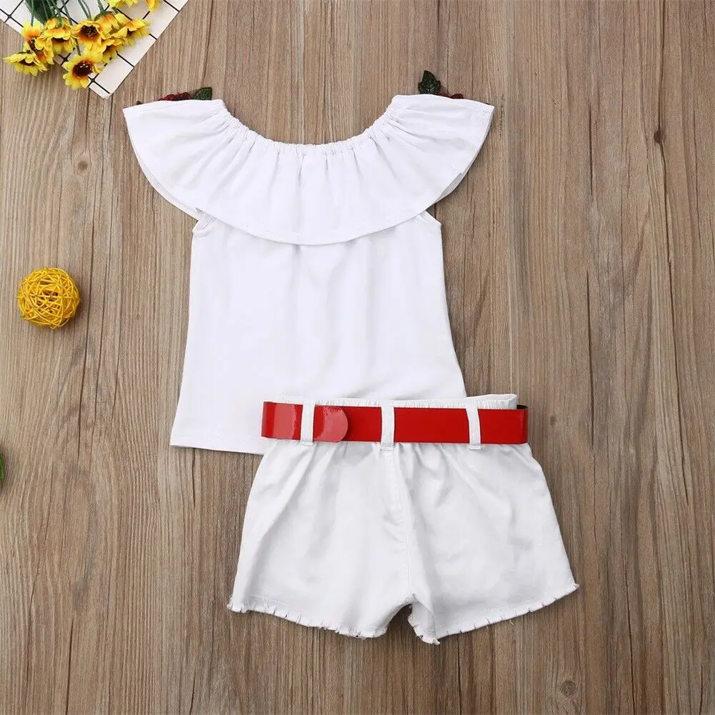 New Fashion Kids Girl Clothes Sets Children Girl Flowers Ruffles Vest Tops Holes Shorts with Belt Summer 2Pcs Outfits 1-7Y