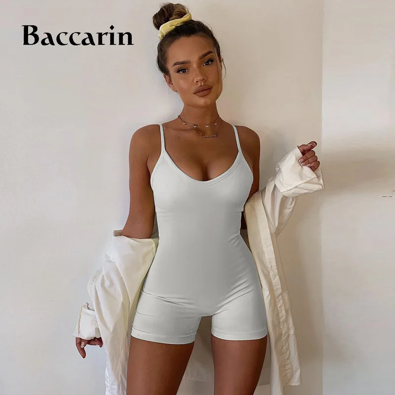 

Baccarin solid women playsuit bodycon backless sexy strap streetwear fitness 2020 summer clothes combishort outfit loungewear