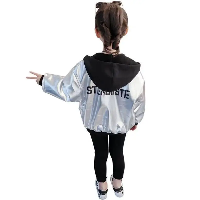 discount  Kids Sport Leather Jacket Fall Girls Hoodies Coat Reflective Silver Long Sleeve Outerwear Polyester
