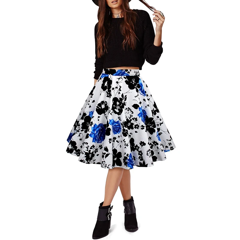Женские плиссированные юбки в ретро-стиле с цветочным принтом размера плюс, юбка с высокой талией 50s 60 s, винтажные миди юбки FS0223