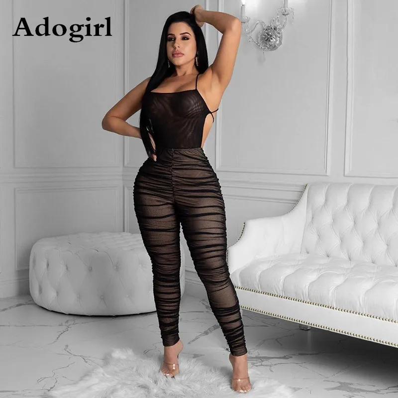 

Sexy Women Ruched Sheer Mesh Jumpsuit Spaghetti Straps Pleating Black Color Back Lace Up Rompers Womens Fashion Overalls S-XXL