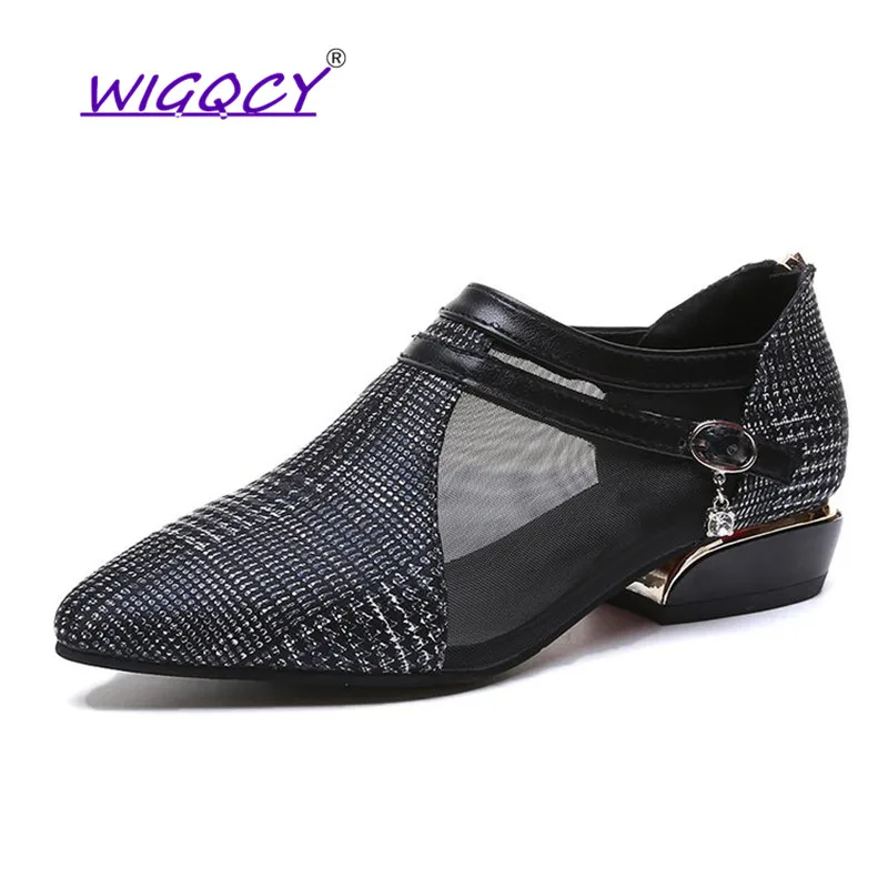 

Breathable Mesh pumps women shoes New Spring Autumn shoes women Elegant Rhinestone Square heel female shoes Gingham Zipper pumps