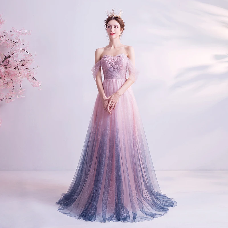 SSYFashion, новинка, милое, градиентное, розовое, фиолетовое, вечернее платье, романтичное, кружевное, с аппликацией, с бисером, длинное, для выпускного вечера, вечерние платья, Robe De Soiree
