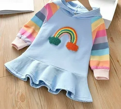 Pull à manches longues brodé arc en ciel pour enfants, robes de princesse décontractées à capuche 