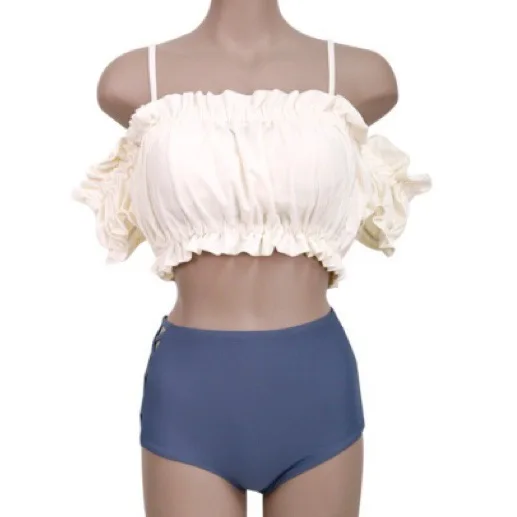 

2019 New Style South Korea Sexy off-the-Shoulder Two-piece Swimsuits Women's Underwire Push up Small Bust High-waisted Slimming