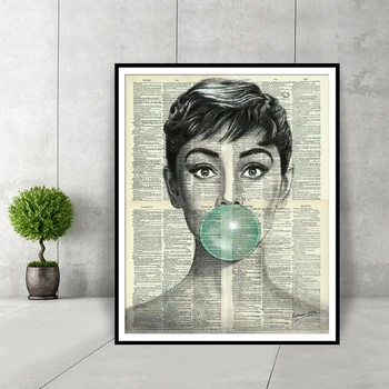 

Audrey Hepburn Blue Bubble Gum Home Decor Posters and Prints Black and White Wall Art Dictionary Art Canvas Painting