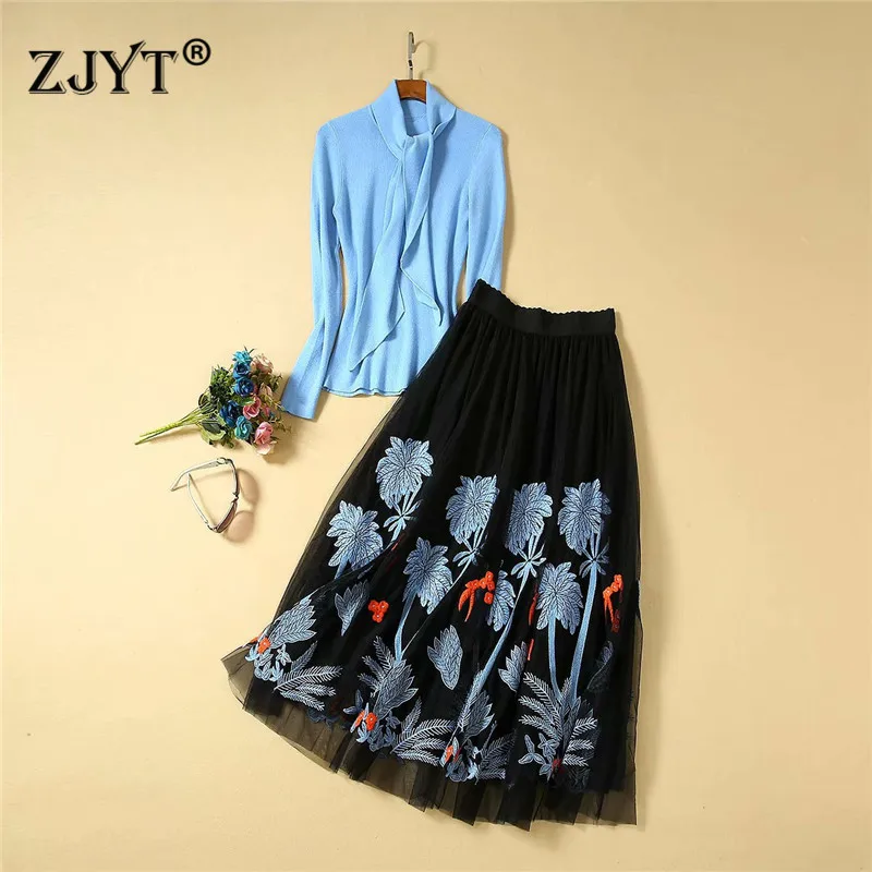 

Brand Fashion Runway Designer Autumn Two Pieces Skirt Set Women Long Sleeve Pullover Sweater and Embroidery Midi Skirt Suit Sets