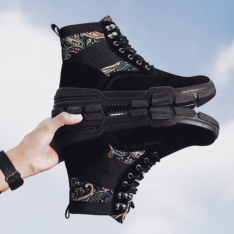 Модные мужские ботинки; коллекция года; повседневная мужская обувь; высокие кроссовки; мужские Нескользящие ботильоны на шнуровке; парусиновая обувь; Мужская обувь в байкерском стиле