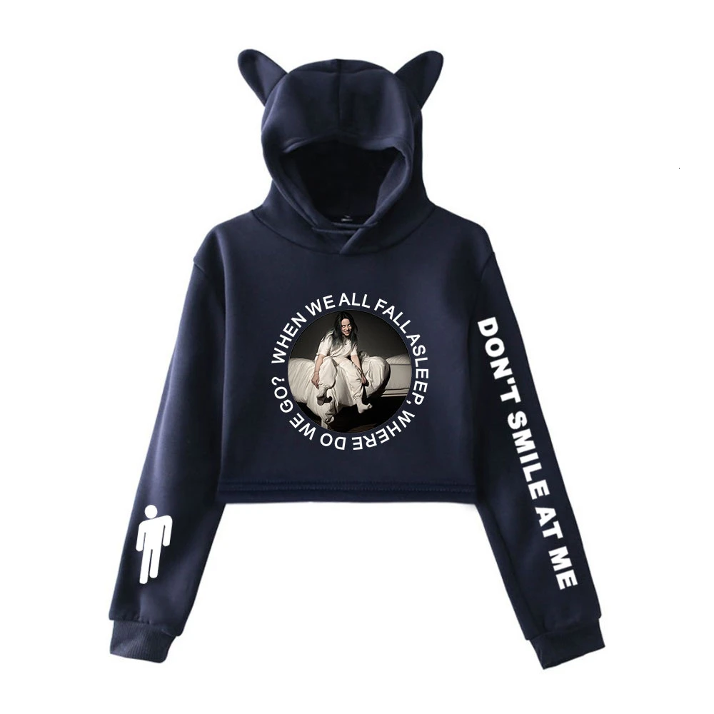  Billie Eilish Fashion Cat Ear Hat Crop Top Women Summer Hoodies Sweatshirt Sexy Hot Kpop Harajuku O