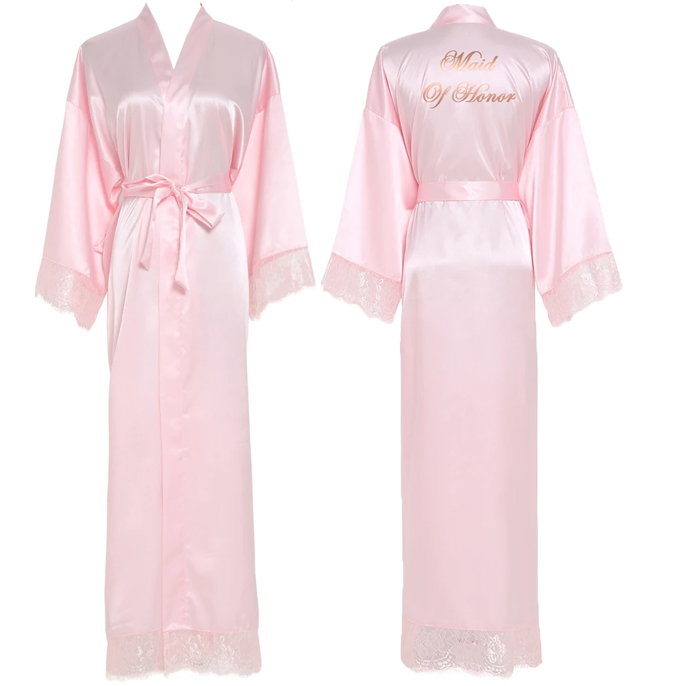 Розовое сексуальное длинное простое кимоно для невесты, шелковый халат, атласное вечернее платье, свадебное платье, халат, кружевной халат, дамские халаты, горячее предложение - Цвет: Pink Maid of honor