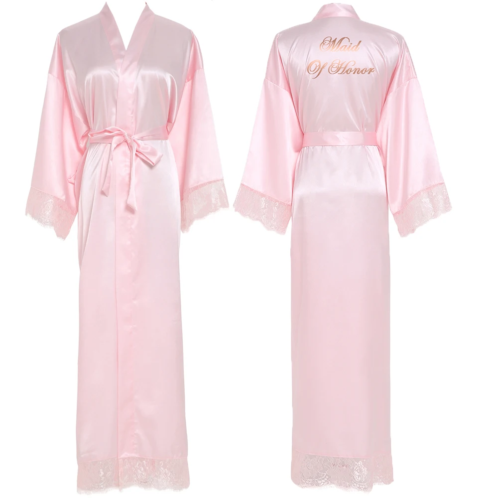 Pink Maid of honor Розовое сексуальное длинное простое кимоно для невесты, шелковый халат, атласное вечернее платье, свадебное платье, халат, кружевной халат, дамские халаты, горячее предложение - Цвет: Pink Maid of honor
