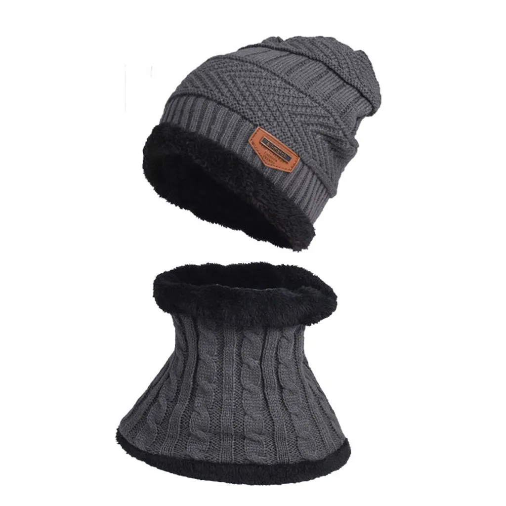 Флисовые контрастные цвета вязаные дышащие теплые зимние шапки для детей шапка+ шарф комплект из двух предметов мягкая удобная детская шапка - Цвет: Серый