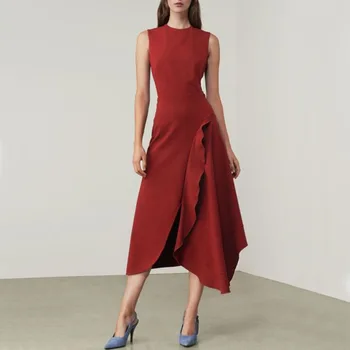 

2020 New Summer Women Cotton O-Neck Solid Color Sleeveless Dress Female Fashion Casual High Quality Lotus Leaf Vestidos QX210