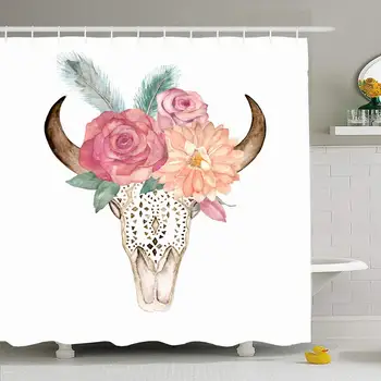 

Shower Curtain Set with Hooks 60x72 Drawing Watercolor Isolated Bison Bulls Anatomy Cow Head Flowers Feathers Vintage Feather