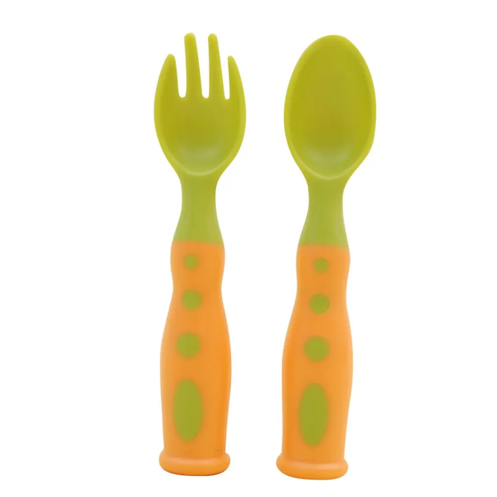 

Easy Clean Double Color Newborn Baby Spoons Fork Soft Silicone Baby Feeding Spoon Safety Utensils Patchwork Children Tableware