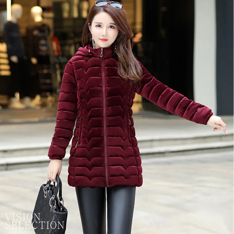 

New Style Gold Velvet Cotton-padded Clothes Women's Mid-length Large Size Slim Fit Cotton Coat Middle-aged Women Dress Thick plu