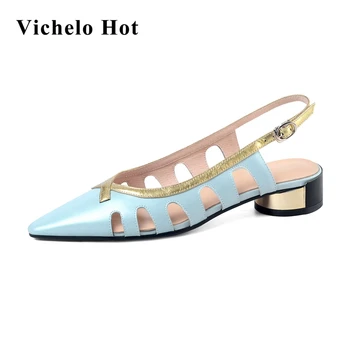 

Vichelo Hot large size real leather hollow mixed colors small square toe med round heel buckle straps daily wear women pumps L66