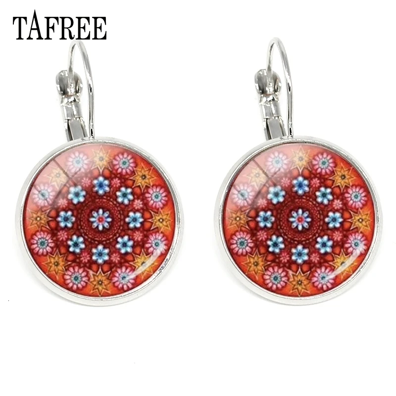 TAFREE красный серьги Henna Mandala клипсы Винтаж серебро Цвет художественной фотографией Йога серьги Для женщин Свадебная вечеринка модные Jewlry подарок HN407