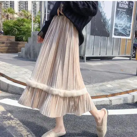 Beige Женские осенние зимние трапециевидные плиссированные гофрированные длинные юбки из кроличьей шерсти в стиле пэчворк, текстурированная эластичная плиссированная Расширенная юбка - Цвет: Beige