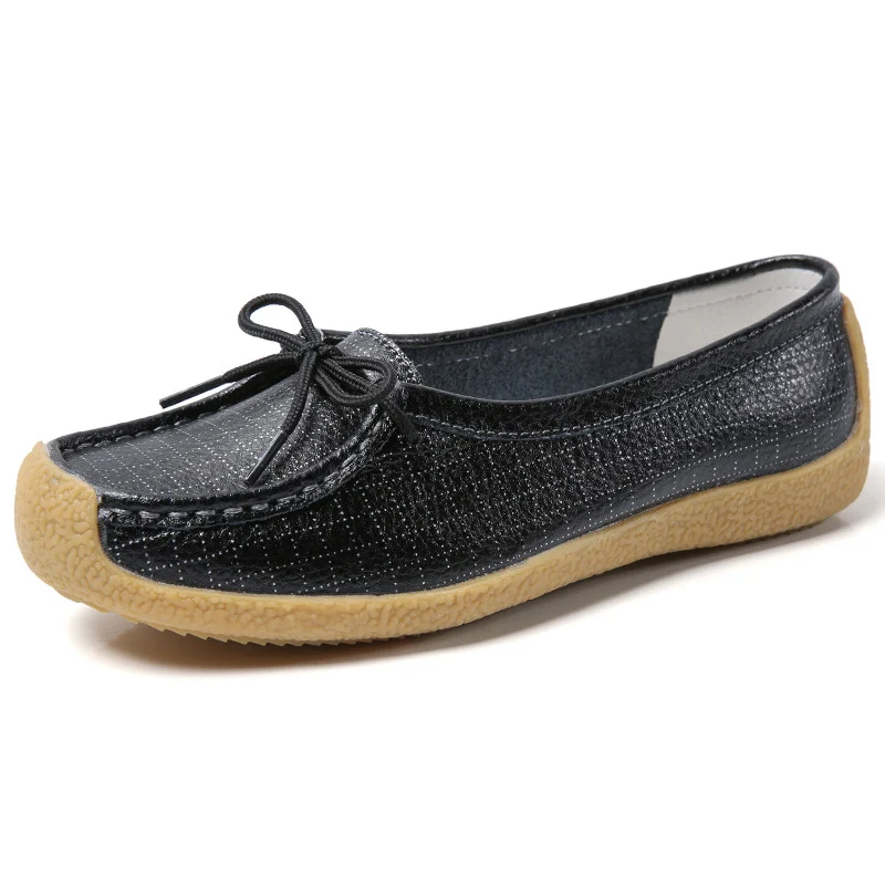 Black Genuine Leather shoes woman Lace up Gingham Beautiful women flat shoes Soft Fashion Flats for ladies Casual Loafers Antiskid - Color: Black