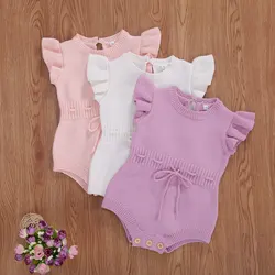 Newborn Baby Wool Jumpsuit Baby Summer Fashion Casual Flying Sleeve Lace Up Bodysuits Baby Winter Autumn Warm Clothing