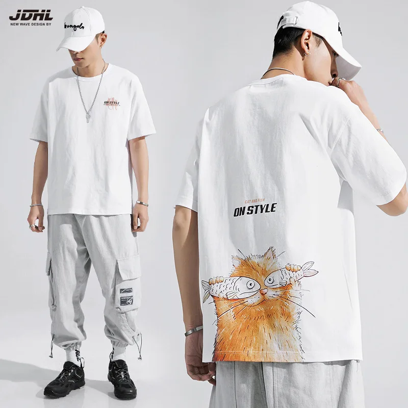 

Mens Summer Japanese Fresh Short-sleeved T-shirt Personality Letter Cat Pattern Loose Top Oversized Casual Tops