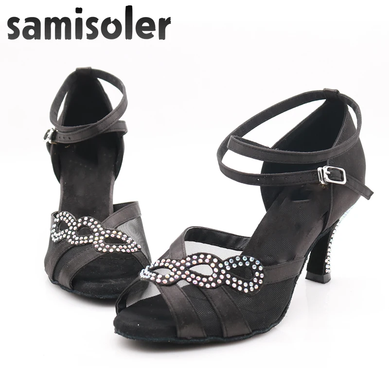Женская обувь для латиноамериканских танцев; zapatos de BAILE latino mujer; блестящая черная атласная Женская обувь для сальсы; вечерние туфли для бальных танцев