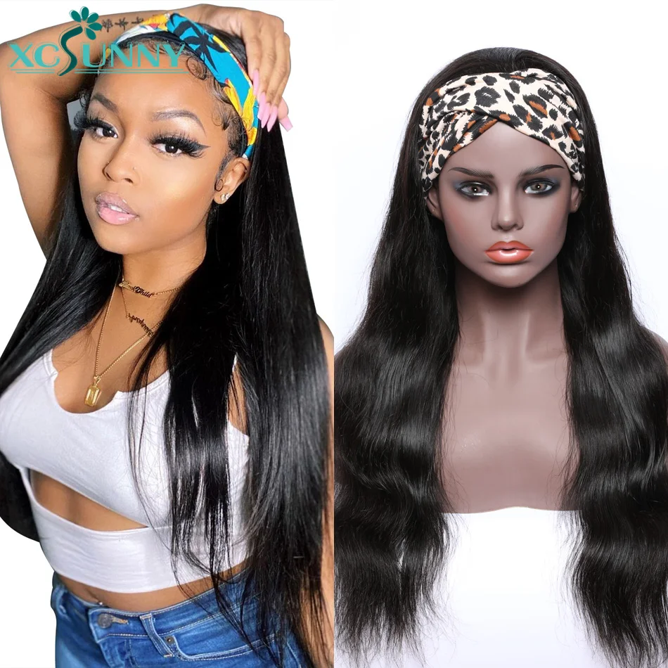 Peruca de cabelo humano em linha reta natural perucas com bandana remy brasileiro completa máquina feita peruca para preto feminino xcsunny