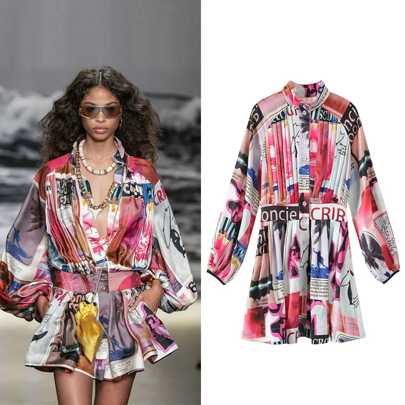 TVVOVVIN Autumn Fashion Irregular Printing Flower Lantern Sleeve Single Row Buckle Soft Sets For Girl Woman Hot Sale ZX141