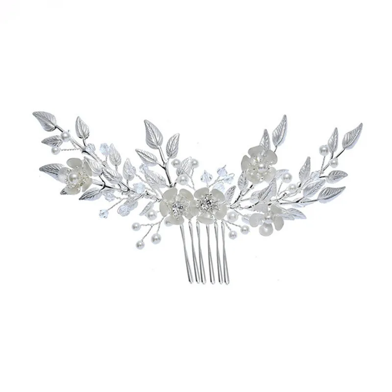 Hair Comb 8226 SLBRIDAL, ручная работа, Серебряные Кристаллы, стразы, жемчуг, цветочный лист, свадебная повязка на голову, гребень для волос, свадебные аксессуары для волос, Женские Ювелирные изделия - Окраска металла: Hair Comb 8226
