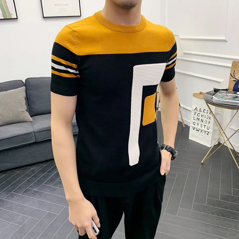 Vestido de verano de manga corta para Hombre que hace punto la Camiseta, футболка из жаккардовой ткани, уличная одежда, Camiseta - Цвет: Цвет: желтый