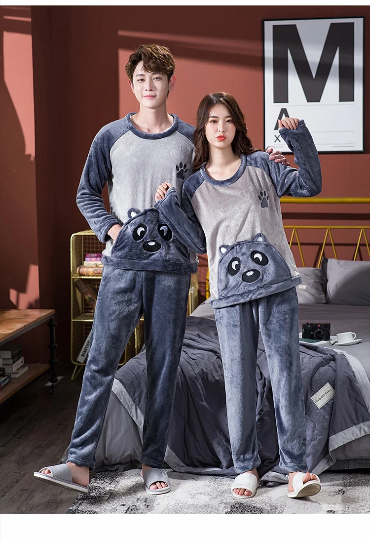 2021 Winter Long Sleeve Thick Warm Flannel Pajama Sets for Men Cute Cartoon Coral Velvet Sleepwear Pyjamas Homewear Home Clothes cheap pajama pants