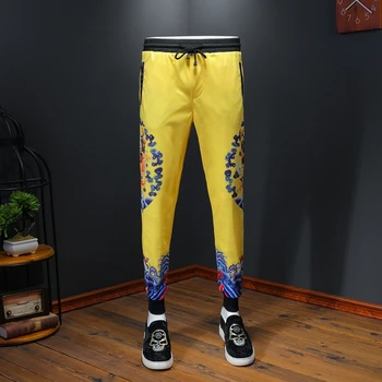 

Streetwear Social Pants Male Ropa De Hombre 2020 Yellow Fashion Pants Male Pantalon Homme Pattern Men Suit Trousers Dress Pants
