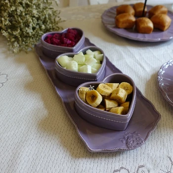 

Purple Tea Set Embossed Ceramic Exquisite Afternoon Tea Love Plate Oatmeal Cup Double Dessert Plate Bowl Small Ceramic Cups