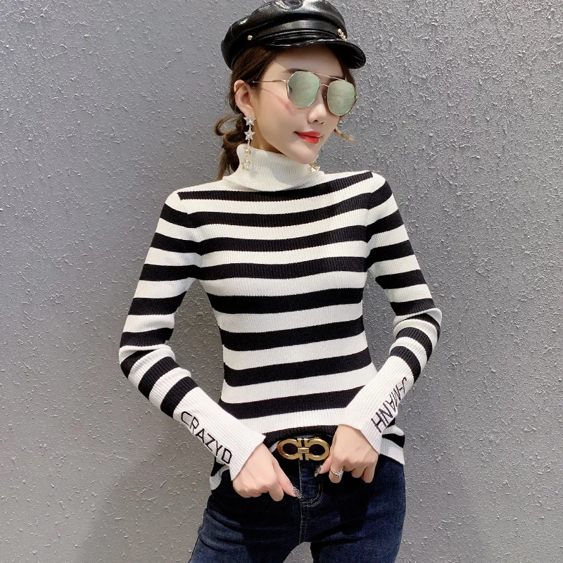 Sweater Women's High Neck Slim Stripe Long Sleeve Women's Autumn Winter Thickened Sweater Pullover Turtleneck  Office Lady Thick