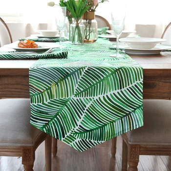 

DUNXDECO Table Runner Cotton Canvas Tablecloth Palm Leaf Country Style Party Decoration Mesa Cover Mat Fresh Green Fabric