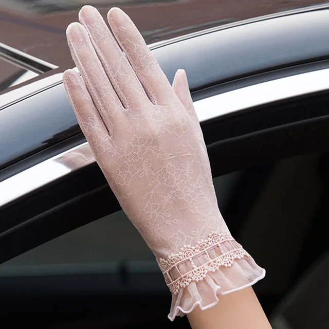 Ladies summer sun protection gloves lace anti-UV gloves black sexy breathable riding driving sunshade short gloves female 03K - Цвет: 03K Light Pink