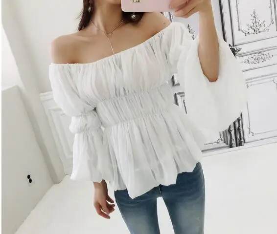 2021 Для женщин с открытыми плечами короткие рукава оборки блузка рубашка Топ