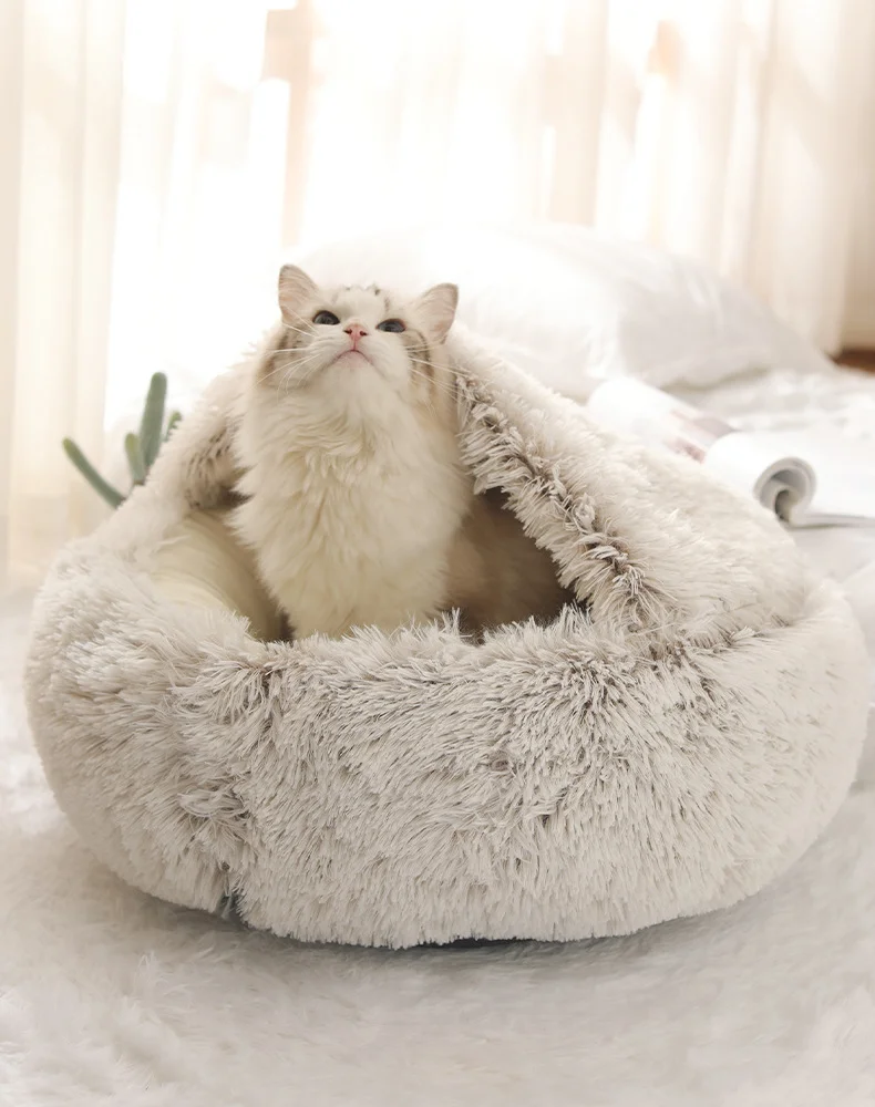 Winter Cat Bed Long Plush Pet Cat Cushion Warm Sleep Bag Bed Round Half-Pack Cat Basket Lounger Nest For Small Medium Large Dog