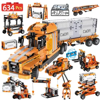 

634PCS City Port Engineering Truck Car 10 IN 1Building Blocks Technical Forklift Container Lift Bricks Toys For kids