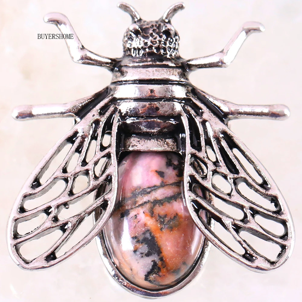 1Pcs Silver Cicada Brooch Natural Stone Pendant Howlite Rhodonite Carnelian Onyx Bead for Men Women DIY Jewelry Making - Окраска металла: Pink Rhodonite