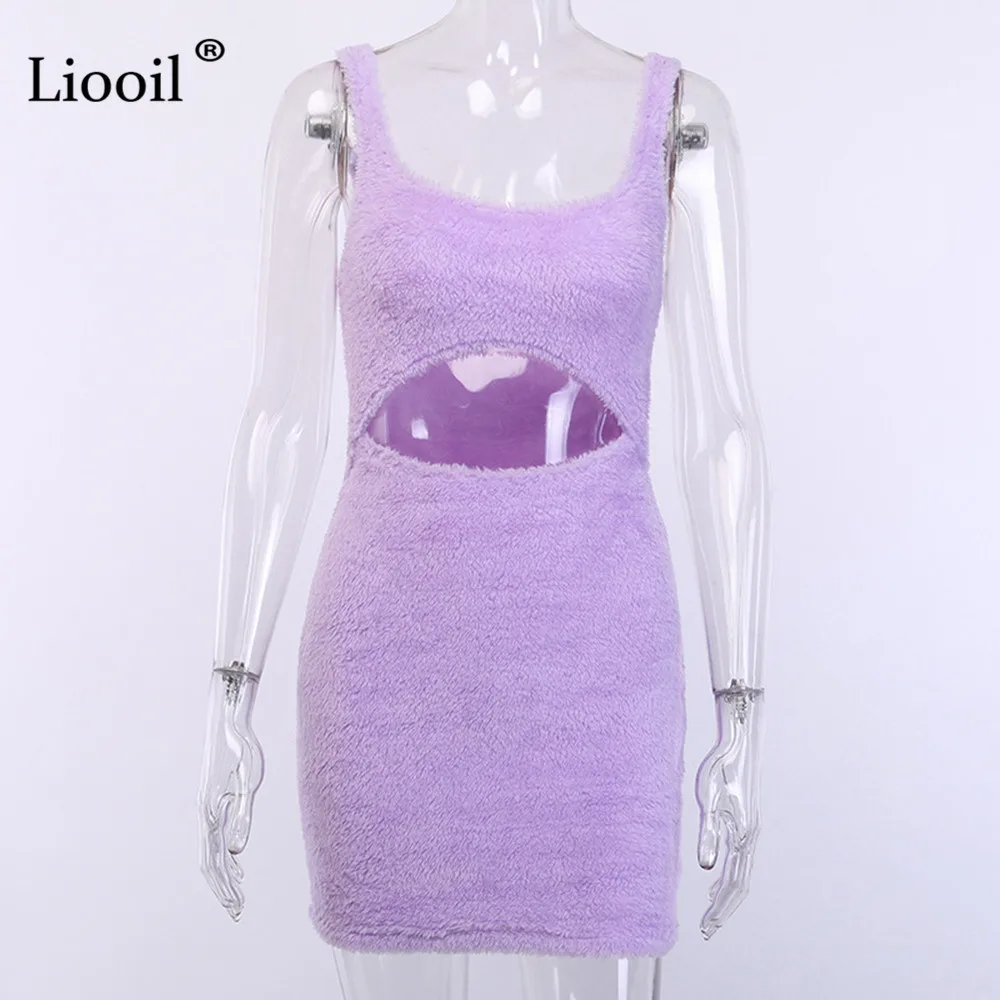 Liooil эротичный вырез Белый плюш Bodycon мини платье без рукавов Высокая талия фиолетовый бесшовная плотно прилегающая юбка платье женские вечерние ночной клуб