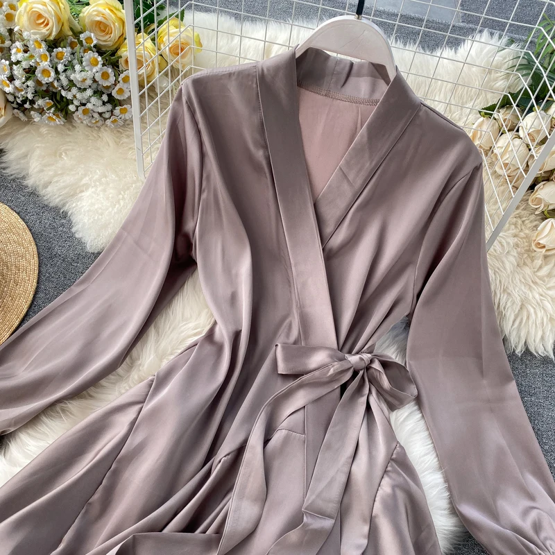 HISUMA spring autumn new women deep v-neck long sleeve lace-up satin irregular fairy dress female v collar elegant puff dresses