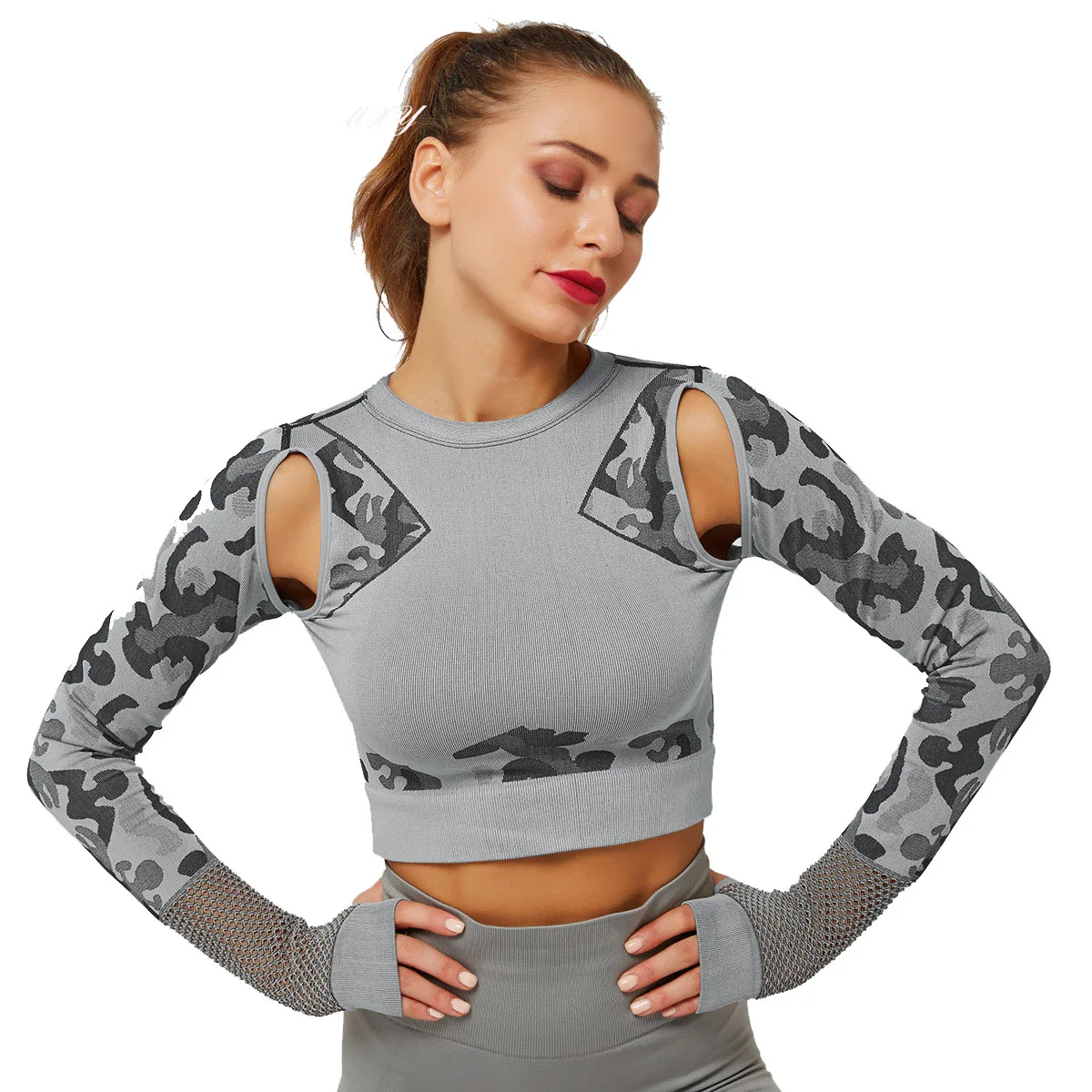 

Women's Seamless Skinny Long Sleeve Yoga Fitness Jacket Hollow Cutout Sexy Yoga Long Sleeve Top Female camouflage yoga Sport top