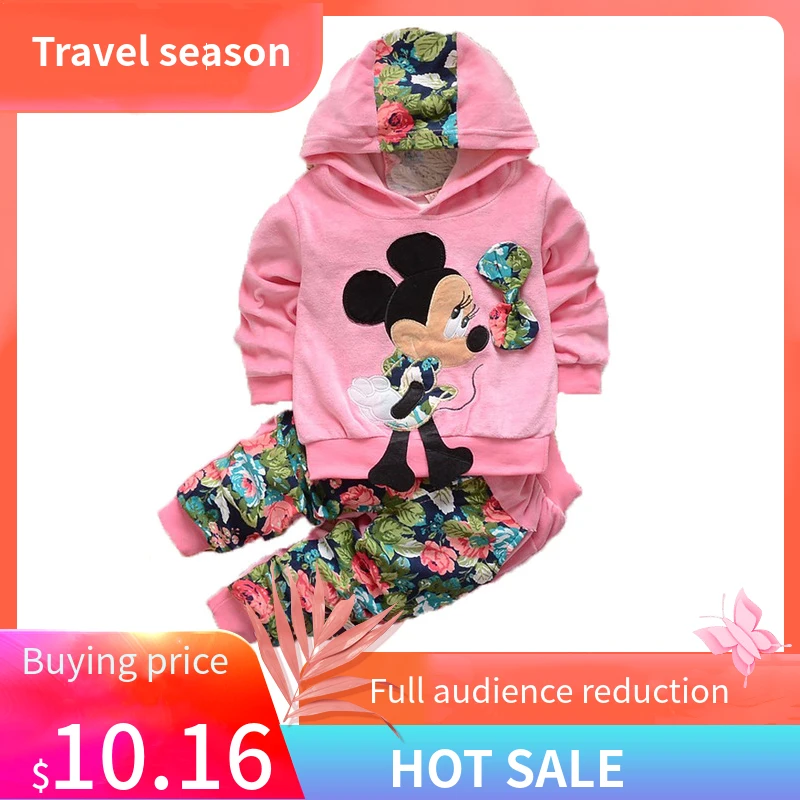 Теплый повседневный костюм для девочек, детская одежда с дизайном «Микки», осенне-зимний свитер, штаны с цветочным принтом, комплект одежды для детей 0-3 лет, спортивная одежда