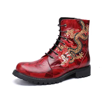 

Men's Short Boots Martin Boots Men's Cool High Top Men's Shoes Botas De Hombre Cow Leather Pointed Toe Ankle Genuine Leather Red